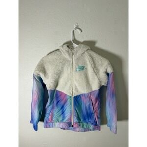 Nike girl's sherpa hooded full zip blue/pink/purple wind breaker jacket Size M